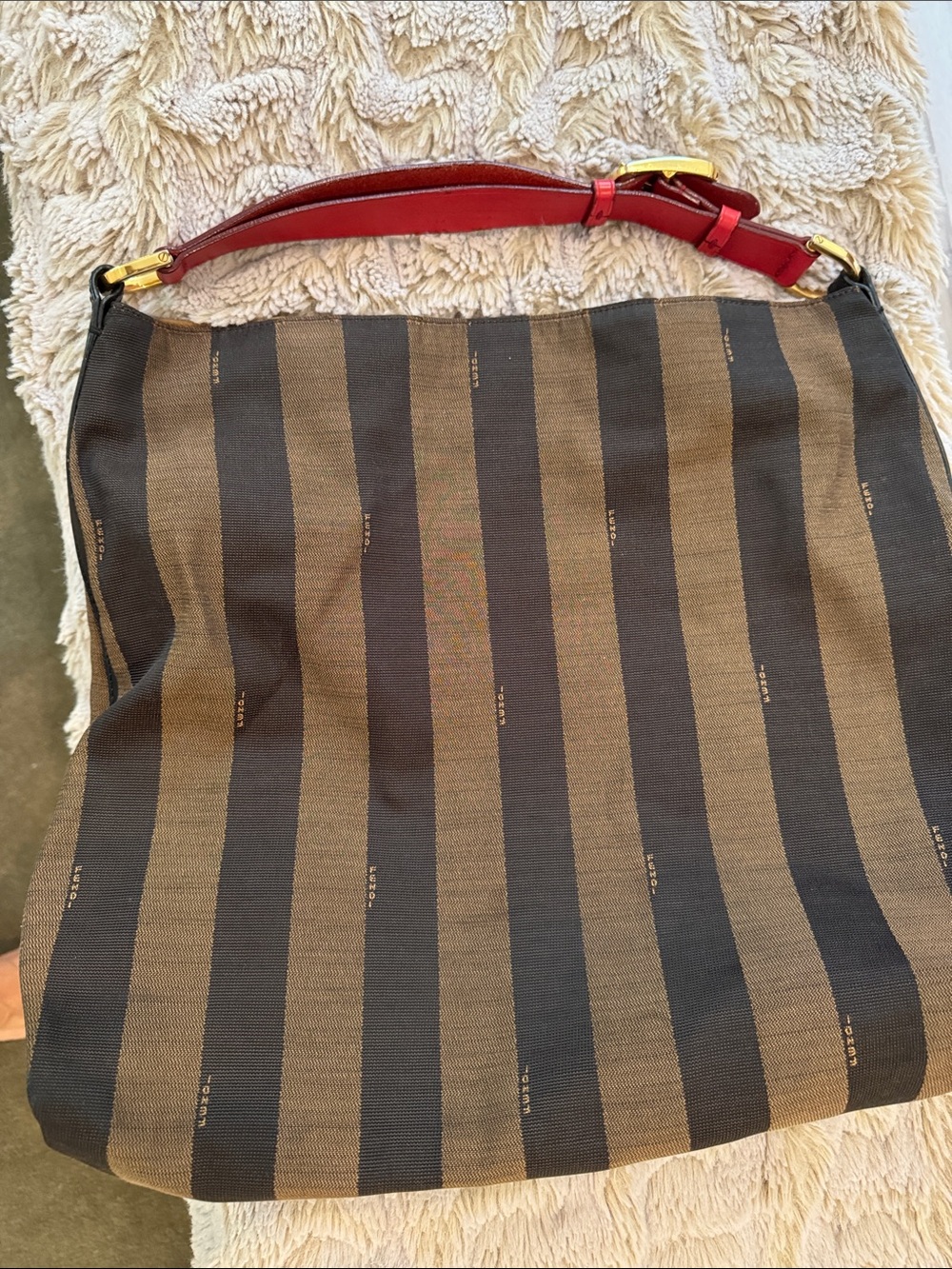 Fendi Brown and Black Striped Shoulder Bag with Red Strap